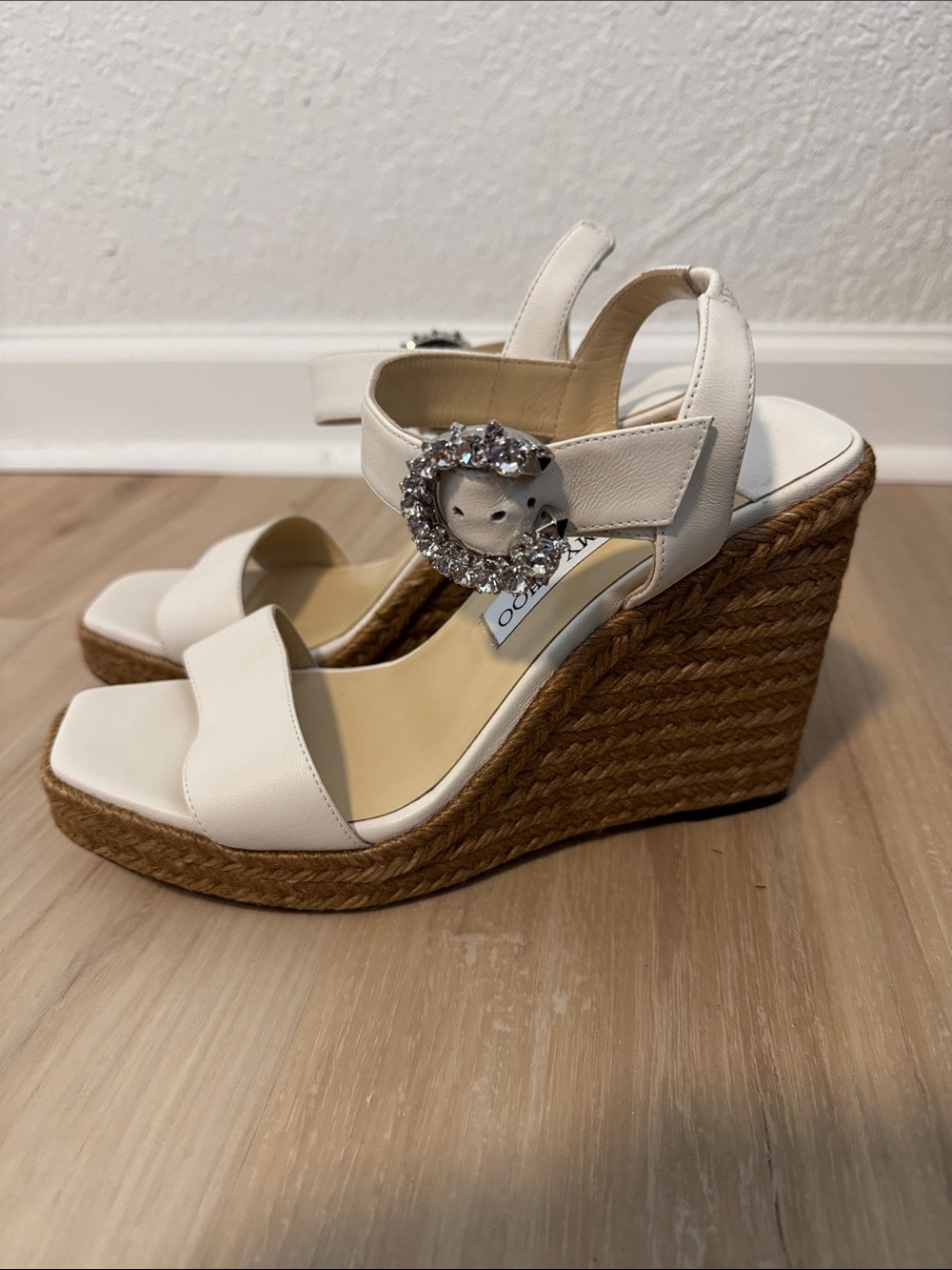 Jimmy Choo White Espadrille Wedge Sandals with Crystal Buckle